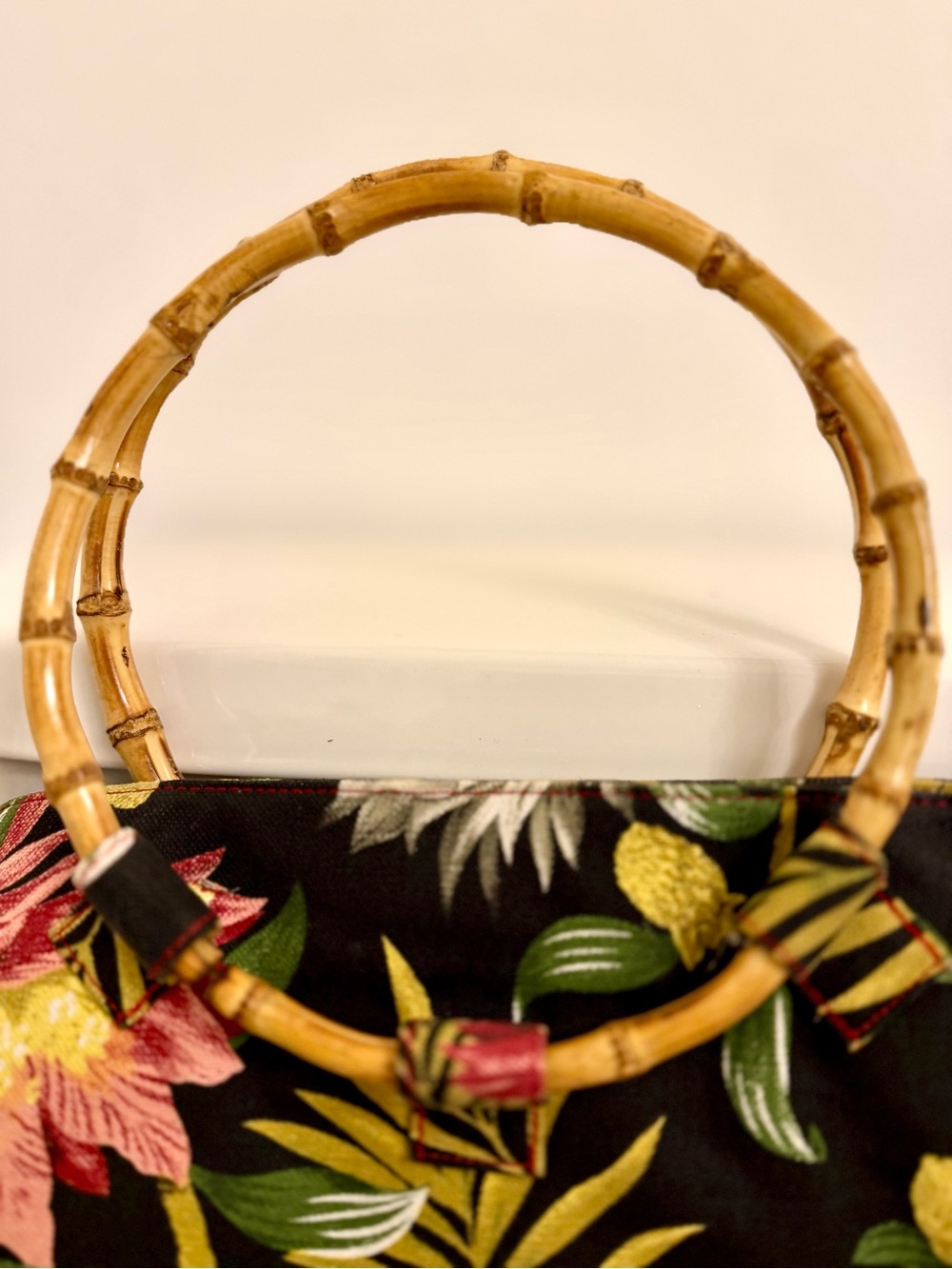 Bagalous Tropical Floral Bamboo Tote Bag w/ Bamboo Handles - Picture 2 of 7